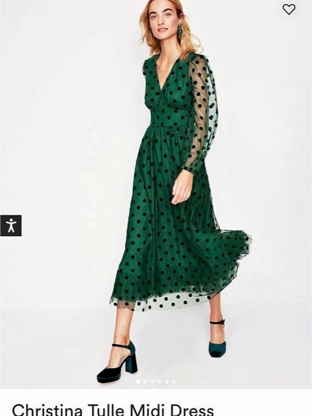 Boden Christina Tulle Midi Dress Polka Dot Green & Black Size 8